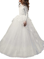 Lace Ball Gown with Bow Appliques and Buttons - Long Sleeve Jewel Neck Flower Girl Dress