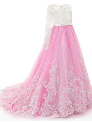 Lace Beading Appliques Buttons Ball Gown Sweep / Brush Train Flower Girl Dress