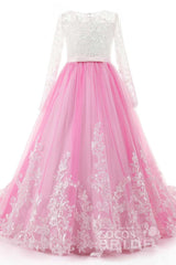 Lace Buttoned Scoop Neck Long Sleeve Ball Gown Flower Girl Dress