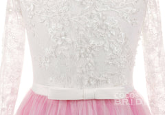 Lace Buttoned Scoop Neck Long Sleeve Ball Gown Flower Girl Dress
