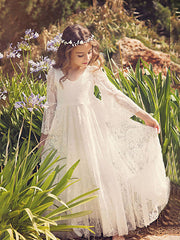 Lace Cotton 3/4 Length Sleeve V Neck Flower Girl Dress