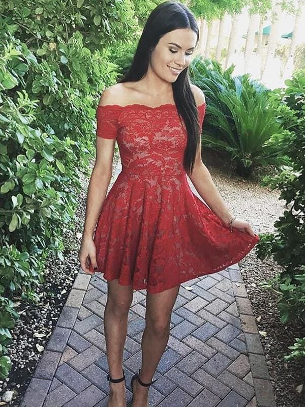 Lace Off-the-Shoulder Short Sleeves Short/Mini Homecoming Dresses