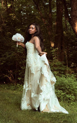 Lace Satin Strapless Sleeveless Wedding Dress With Sweep Train