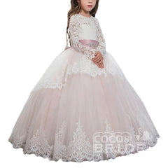 Lace-Trimmed Purple Ball Gown for Girls with Long Sleeves & Scoop Neck