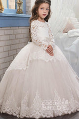 Lace-Trimmed Purple Ball Gown for Girls with Long Sleeves & Scoop Neck