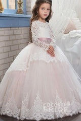 Lace-Trimmed Purple Ball Gown for Girls with Long Sleeves & Scoop Neck