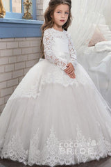 Lace-Trimmed Purple Ball Gown for Girls with Long Sleeves & Scoop Neck
