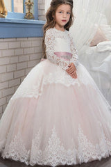 Lace-Trimmed Purple Ball Gown for Girls with Long Sleeves & Scoop Neck