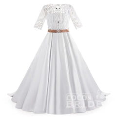 Lace Trumpet Flower Girls Dress with 1/2 Sleeves White Scoop Neck