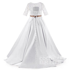 Lace Trumpet Flower Girls Dress with 1/2 Sleeves White Scoop Neck