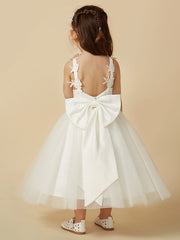 Lace Tulle A-Line Flower Girl Dress with Sleeveless V-Neck & Bow