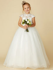 Lace Tulle Ball Gown with Short Sleeve High Neck & Sash Ribbon Bow for Flower Girl Dress