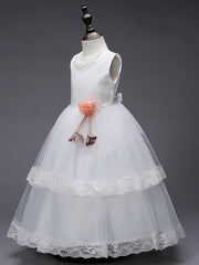 Lace Tulle Polyester Sleeveless Jewel Floor Length Flower Girl Dress With Pearls and Appliques