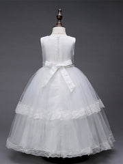 Lace Tulle Polyester Sleeveless Jewel Floor Length Flower Girl Dress With Pearls and Appliques