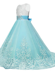Lace Tulle Princess Maxi Flower Girl Dress with Jewel Neck and Bow Paillette