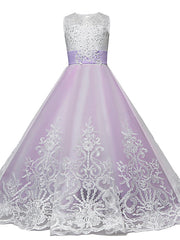 Lace Tulle Princess Maxi Flower Girl Dress with Jewel Neck and Bow Paillette