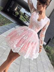 Lace V-neck Long A-line Sleeves Short/Mini With Ruffles Dresses
