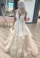 A-Line Tulle Lace Long Prom Dress, V-Neck Evening Dress