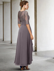 A-Line Mother of the Bride Dress Fall Wedding Guest Dresses Plus Size Elegant High Low V Neck Asymmetrical Ankle Length Chiffon Lace Half Sleeve with Beading Appliques