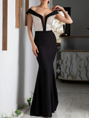 Aimishang Sheath Black Dress Evening Gown Color Block Dress Formal Cocktail Party Floor Length Short Sleeve V Neck Sequined with Sequin