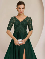 Aimishang  A-Line Mother of the Bride Dress Formal Wedding Guest Elegant V Neck Floor Length Chiffon Lace Half Sleeve with Pleats Appliques Split Front