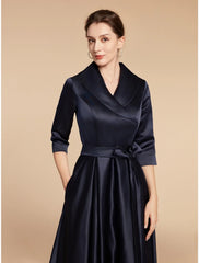 Aimishang  A-Line Mother of the Bride Dress Wedding Guest Elegant V Neck Ankle Length Satin Half Sleeve with Sash / Ribbon Ruching Solid Color