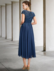 Aimishang A-Line Mother of the Bride Dress Luxurious Elegant Jewel Neck Tea Length Chiffon Lace Cap Sleeve with Pleats Appliques