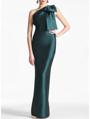 Satin Mermaid Party Dress Evening Gown Champagne Black Elegant Dress Formal Fall Ankle Length Sleeveless One Shoulder with Bow(s) Slit