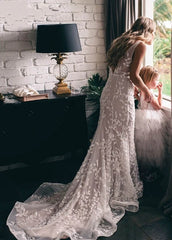 Leaf Lace Appliques  Mermaid V-Neck Backless Long Women Wedding Bridal Dresses