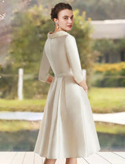 Aimishang  A-Line Mother of the Bride Dress Wedding Guest Elegant Jewel Neck Knee Length Satin Half Sleeve with Beading