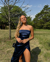 Strapless Navy Blue Prom Dress Formal Party Dresses with Slit