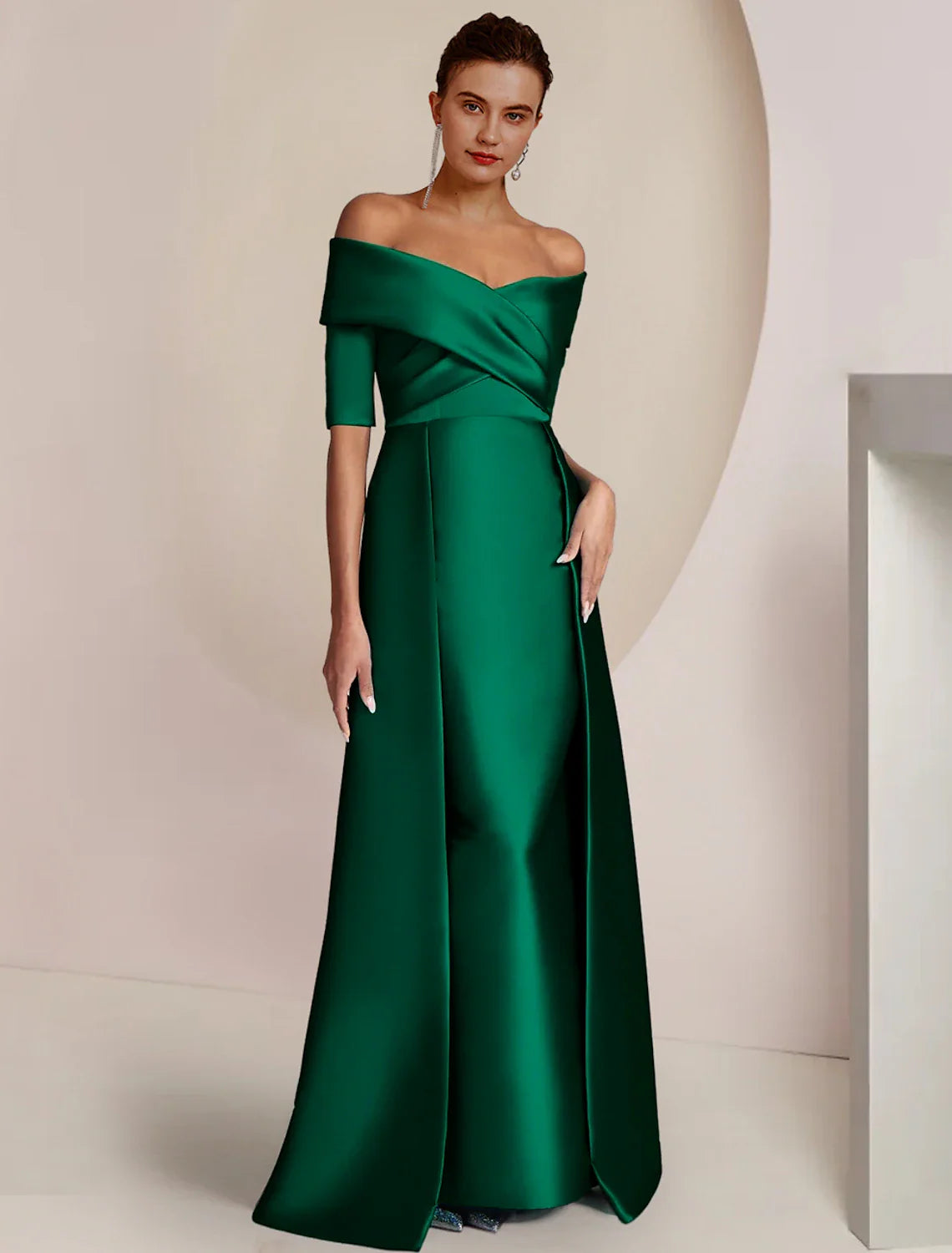 Aimishang  Sheath / Column Mother of the Bride Dress Formal Wedding Guest Party Elegant Formal Party Satin Half Sleeve Off Shoulder Floor Length with Overskirts Ruching