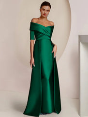 Aimishang  Sheath / Column Mother of the Bride Dress Formal Wedding Guest Party Elegant Formal Party Satin Half Sleeve Off Shoulder Floor Length with Overskirts Ruching