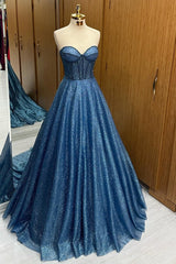 Ball Gown Sweehteart Navy Blue Glitter Tulle Long Prom Dresses