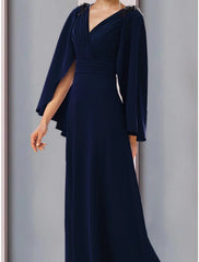 Aimishang  A-Line Mother of the Bride Dress Wedding Guest Elegant V Neck Sweep / Brush Train Stretch Chiffon Long Sleeve with Sequin Ruching Solid Color