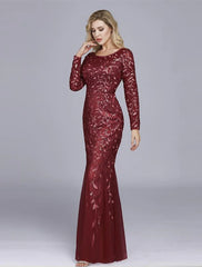 Mermaid / Trumpet Empire Elegant Party Wear Formal Evening Valentine's Day Dress Jewel Neck Long Sleeve Floor Length Tulle with Embroidery 2024 / Illusion Sleeve