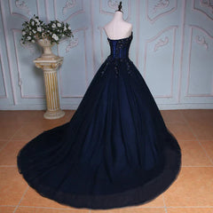 Navy Blue Lace Applique Tulle Long Party Dress Formal Gown Off Shoulder Floor Length Prom Dress