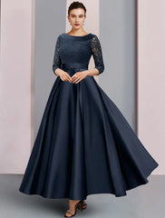 Aimishang  A-Line Mother of the Bride Dress Formal Wedding Guest Elegant Vintage Bateau Neck Ankle Length Satin Lace 3/4 Length Sleeve with Pleats Ruched