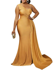 Mermaid / Trumpet Party Dresses Elegant Dress Wedding Guest Semi Formal Sweep / Brush Train Sleeveless One Shoulder Spandex with Ruched Slit