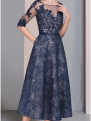 Aimishang  A-Line Mother of the Bride Dress Wedding Guest Elegant Scoop Neck Tea Length Lace Half Sleeve with Ruching Solid Color