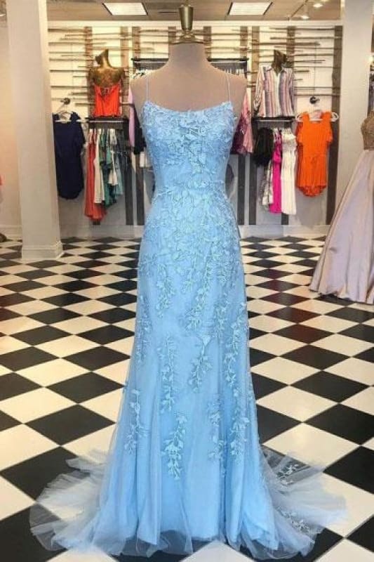 Light Blue Appliques Spaghetti Straps Lace-Up Mermaid Prom Dress