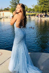 Light Blue Appliques Spaghetti Straps Lace-Up Mermaid Prom Dress