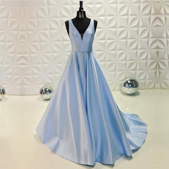 Light Blue Long Satin V-neck Dresses