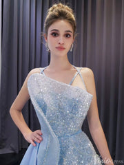 Light Blue Beaded Prom Dresses Asymmetric Skirt Evening Gown 222216