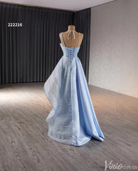 Light Blue Beaded Prom Dresses Asymmetric Skirt Evening Gown 222216