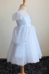 Light Blue Short Sleeves Ball Gown Dress with Scoop Neck