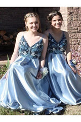 Light Blue Spaghetti Strap Beaded Satin Prom Sparkly Beading Bridesmaid Dress