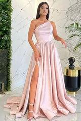 Light Pink Long A-line One Shoulder Sleeveless Evening Prom Dress with Slit