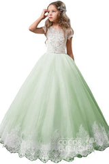 Light Pink Short Sleeve Scoop Neck Ball Gown Flower Girls Dress