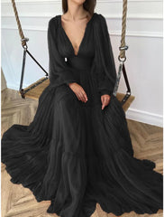 Aimishang A-Line Evening Gown Elegant Dress Red Green Dress Formal Wedding Guest Floor Length Long Sleeve V Neck Chiffon with Ruched